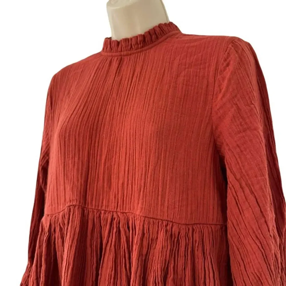 Free People Mini Oversized 3/4 Sleeve Gauze Dress Dark Orange 100% Cotton sz XS